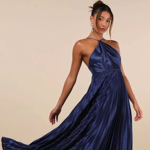 Lulus | Dresses | Lulus Elaborate Charm Navy Blue Satin Pleated Backless Maxi  Dress Size M | Poshmark